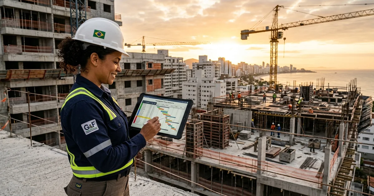 Engenheiro analisando cronograma físico-financeiro em obra residencial