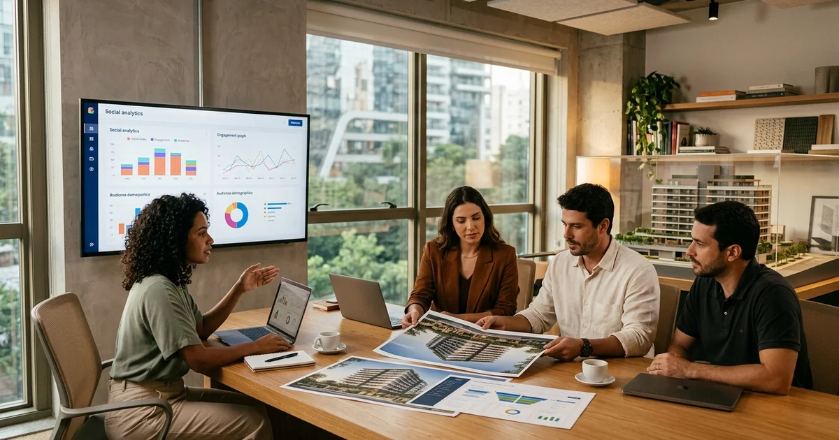 Equipe de marketing planejando lançamento de empreendimento residencial
