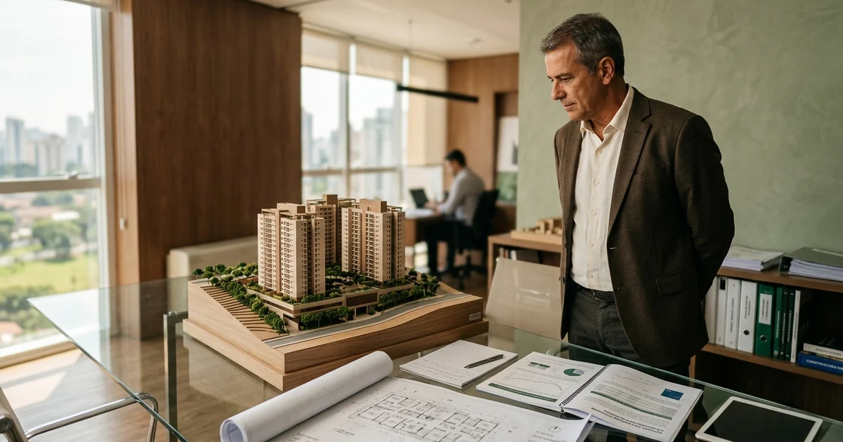 Incorporador analisando estudo de viabilidade econômica de empreendimento residencial